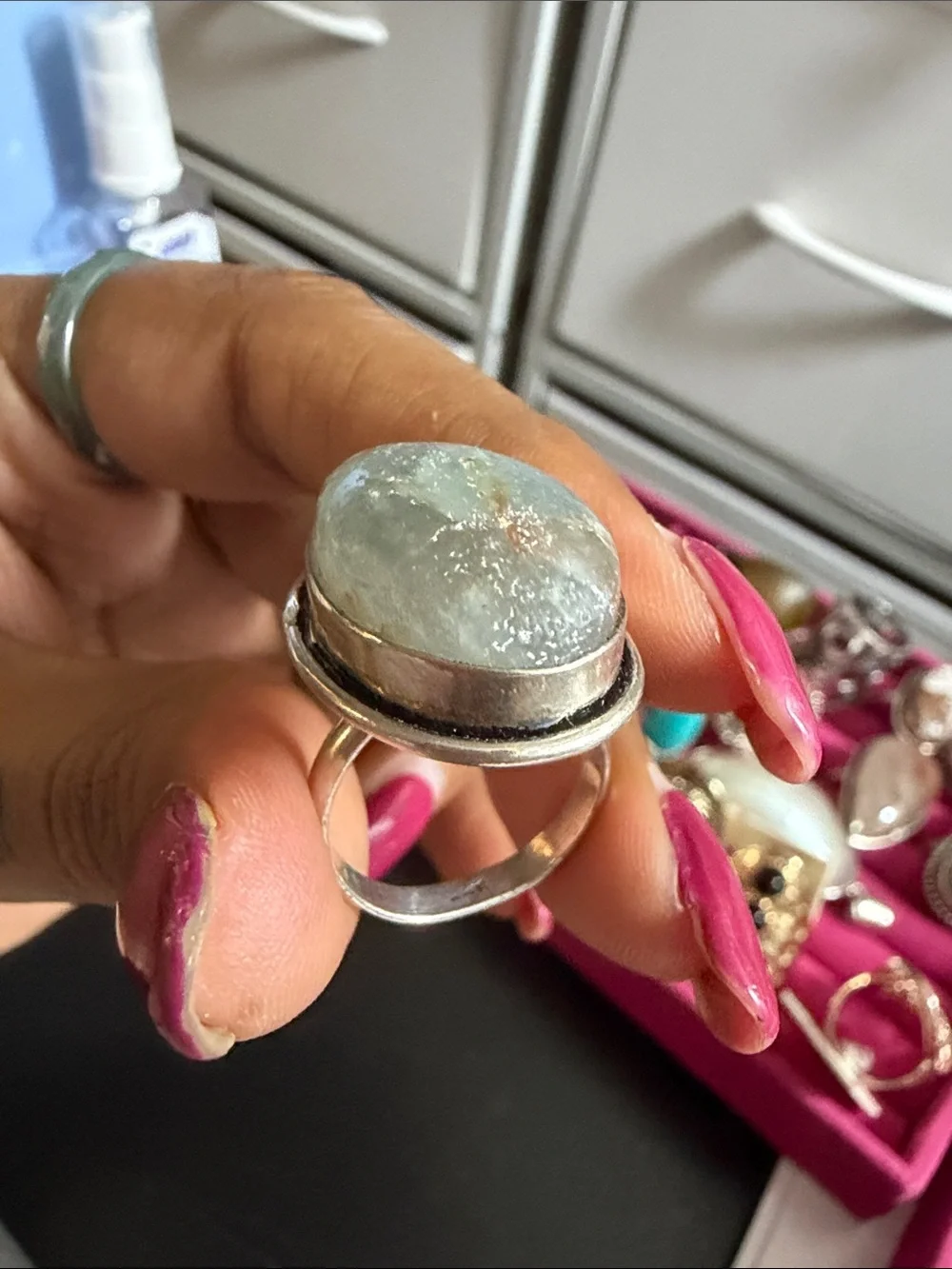 925 Silver-Oval Aquamarine Statement Ring - Pink Accent